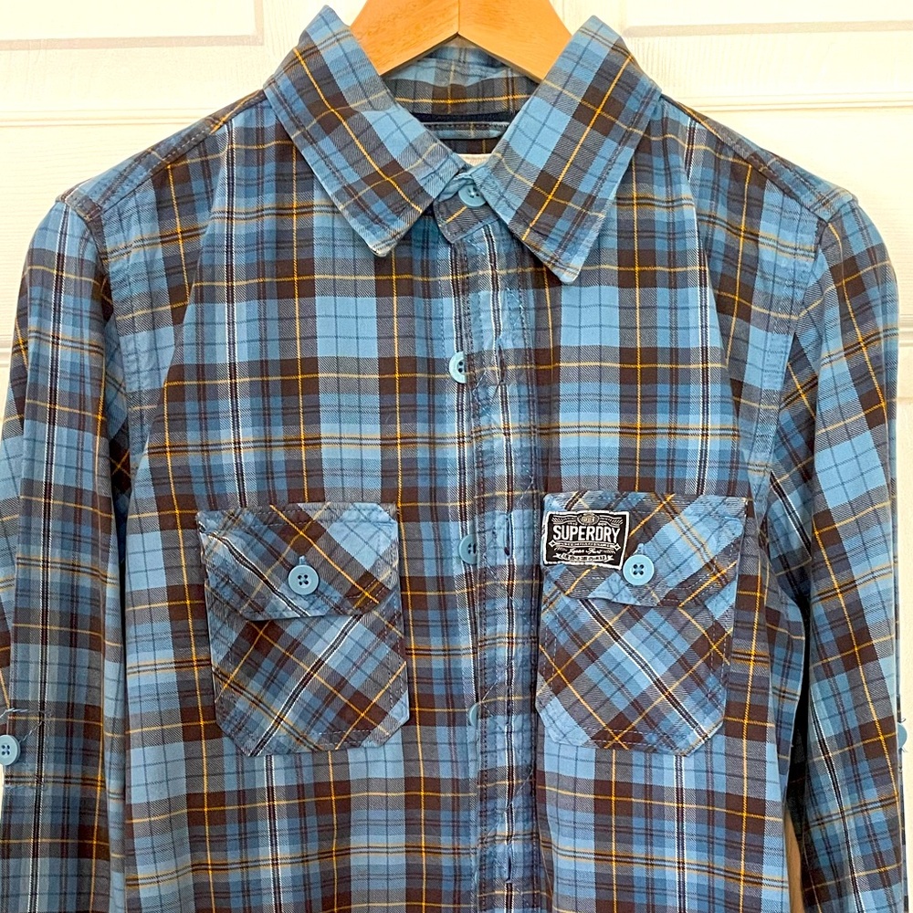 Men’s, “Superdry,” blue, plaid, flannel shirt